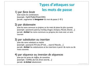 1) par force brute

Types	
  d’aCaques	
  sur	
  
les	
  mots	
  de	
  passe

teste toutes les combinaisons
[exemple : HpAhTbd6nWx6cCDK]
parade : augmenter la longueur du mot de passe (> 8 !)

2) par dictionnaire
teste les noms communs ou propres, ou les mots de passe les plus courants
[exemple : password, qwerty, monkey, dragon, iloveyou, Nicole, Daniel, ...]
parade : éviter les noms communs ou propres, les mots avec un sens
courant

3) par substitution ou insertion
teste des noms substitués ou insérés
[exemple : passwyrd, N1cole, D*niel, ..., wyord, Niacole, ...]
parade : éviter les substitutions et les insertions à partir de noms ou de
mots courants

4) par séquence ou inversion de séquences
teste par les séries de chiffres, de caractères
[exemple : 123456, abc123, drow (word), ...]
parade : à éviter absolument

(c) Pierre-Olivier Bourge 2013

 