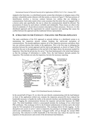 International Journal of Network Security & Its Applications (IJNSA) Vol.13, No.1, January 2021
14
stopped at the front door, to a distributed security system that eliminates or mitigates many of the
primary vulnerability points inherent with that system, as shown in Figure 9. The basic process of
identification involves a two-way contract between two entities that are initiating a
communication. Each entity needs to have some assurance that the entity they are engaged with is
a known entity and, specifically, the one to whom the communication should be allowed. The
presentation of claims by each entityis verifiable and validateable. These claims are often in the
form of credentials. [7, 8] provide an extensive description of these processes. However, it is this
distributed approach and the requirement for content inspection and reporting that causes the
conflict between this approach and the traditional fortress representation.
8. A SOLUTION TO THE CONFLICT– CREATING THE PSEUDO-APPLIANCE
The main contribution of the ELS approach to network defense in a distributed system is in
maintaining the inspection process without breaking the end-to-end encryption of
communications. The pseudo-appliance captures all of the inspection processes and places them
into one software process that resides in the application. This is the first step in realigning the
priorities between the current approach and the end-to-end approach, as shown in Figure 10.The
path from the user to the application in the top half of the figure shows the processes needed for
inspection. Note that the private key for server 7 has been hand passed to the initial load balancer
so that the exchange of information is visible. Next, the load balancer decrypts packets for
inspection. This includes not only the inspection, but also the necessary reporting.
Figure 9 ELS Distributed Security Architecture
In the second half of Figure 10, we show the user directly communicating with the load balancer
in front of the application (which now contains the inspection process).We have reduced the
bandwidth necessary to handle the traffic at the network interface and distributed the computing
burden. Tagging the communications between the requester and provider bypasses the DMZ
stack. The initial handshake (which is unencrypted) includes the exchange of two white-listed
PKI certificates. This exchange in ELS is the bi-lateral authentication of entities and is the initial
setup for TLS encryption of all communications. This exchange allows for this tagging. As the
decryption now occurs in server 7 prior to inspection, key passing is no longer required, and the
end-to-end confidentiality is maintained. Untagged traffic will go through the normal DMZ
processing. The reduction in traffic bandwidth at the front door may reduce the need for more
expensive in-line processors and several of the downstream load balancers.
 