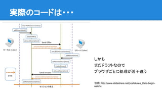 実際のコードは・・・
ブラウザA(caller)とブラウザB(callee)が通信すると
1.
2.
3.
4.
5.
6.
7.

[ブラウザA]アプリサーバよりhtmlやJavaScriptを取得します。
[ブラウザA]getUserMediaでマイクやカメラのストリームを取得します。
表示する場合はVideoやAudioにアタッチします。
[ブラウザA]RTCPeerConnectionで接続要求をします。このとき、利用する
ICE（STUN/TURNサーバ）の設定やストリーム、データチャンネル用のイベ
ントハンドラを追加します。
[ブラウザA]RTCPeerConnectionで接続情報を取得したらアプリサーバへ接続依頼オファーを送信します。
[ブラウザB]Aと同様に1〜3を行います。
[ブラウザB]アプリサーバからオファーに受信する。通信許可アンサーを
RTCSessionDescriptionで作成し、アプリサーバへ送信します。
[ブラウザA]アンサーを受信します。ブラウザ
AとBが直接接続を開始します。

複雑！！
しかもまだドラフトなのでブラウザごとに処理が若干違う

 