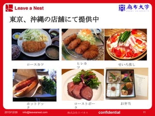 マスター タイトルの書式設定
東京、沖縄の店舗にて提供中
• マスター テキストの書式設定
– 第 2 レベル
• 第 3 レベル
– 第 4 レベル
» 第 5 レベル

ロースカツ

ホットドッ
ク
2013/12/26

info@leaveanest.com

ヒレカ
ツ

せいろ蒸し

お弁当

ローストポー
ク
株式会社リバネス

confidential

11

 