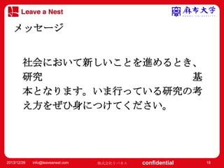 マスター タイトルの書式設定
メッセージ
• マスター テキストの書式設定
– 第 2 レベル
社会において新しいことを進めるとき、
• 第 3 レベル
研究 – 第 4 レベル
基
» 第 5 レベル
本となります。いま行っている研究の考
え方をぜひ身につけてください。

2013/12/26

info@leaveanest.com

株式会社リバネス

confidential

18

 