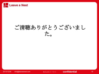 マスター タイトルの書式設定
• マスター テキストの書式設定
– 第 2 レベル
ご清聴ありがとうございまし
• 第 3 レベル

– 第 4 レベル
» 第 5 レベル

2013/12/26

info@leaveanest.com

た。

株式会社リバネス

confidential

19

 