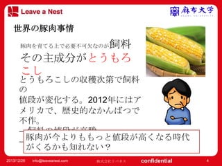 マスター タイトルの書式設定
世界の豚肉事情
• 豚肉を育てる上で必要不可欠なのが飼料
マスター テキストの書式設定

その主成分がとうもろ
– 第 2 レベル
•
こし第 3 レベル

– 第 4 レベル
とうもろこしの収穫次第で飼料
» 第 5 レベル
の
値段が変化する。2012年にはア
メリカで、歴史的なかんばつで
不作。
→飼料の値段が高騰
豚肉が今よりももっと値段が高くなる時代
→世界で豚肉が足りなくなった
がくるかも知れない？
2013/12/26

info@leaveanest.com

株式会社リバネス

confidential

4

 