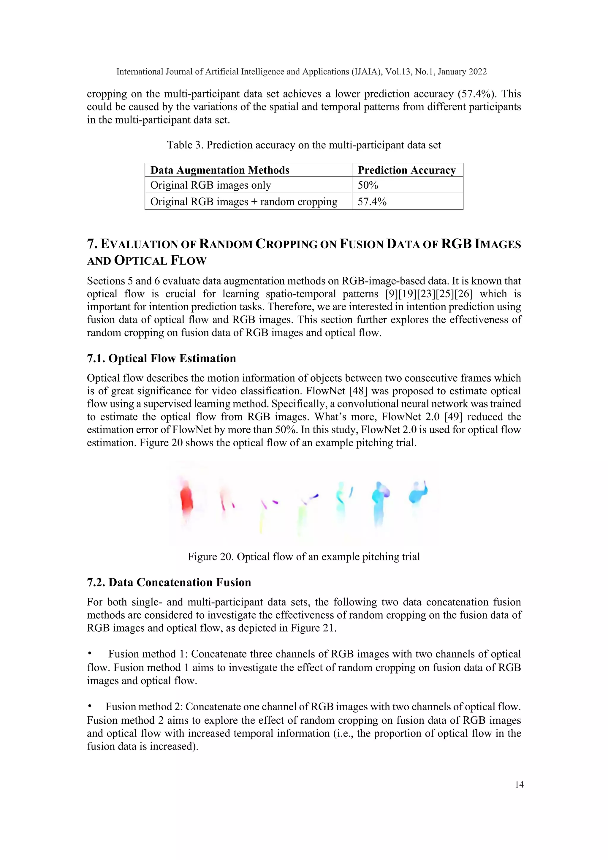 cropping on the multi-participant data set achieves a lower prediction accuracy (57.4%). This could be caused by the variations of the spatial and temporal patterns from different participants in the multi-participant data set. Table 3. Prediction accuracy on the multi-participant data set Data Augmentation Methods Prediction Accuracy Original RGB images only 50% Original RGB images + random cropping 57.4% 7. EVALUATION OF RANDOM CROPPING ON FUSION DATA OF RGB IMAGES AND OPTICAL FLOW Sections 5 and 6 evaluate data augmentation methods on RGB-image-based data. It is known that optical flow is crucial for learning spatio-temporal patterns [9][19][23][25][26] which is important for intention prediction tasks. Therefore, we are interested in intention prediction using fusion data of optical flow and RGB images. This section further explores the effectiveness of random cropping on fusion data of RGB images and optical flow. 7.1. Optical Flow Estimation Optical flow describes the motion information of objects between two consecutive frames which is of great significance for video classification. FlowNet [48] was proposed to estimate optical flow using a supervised learning method. Specifically, a convolutional neural network was trained to estimate the optical flow from RGB images. What’s more, FlowNet 2.0 [49] reduced the estimation error of FlowNet by more than 50%. In this study, FlowNet 2.0 is used for optical flow estimation. Figure 20 shows the optical flow of an example pitching trial. Figure 20. Optical flow of an example pitching trial 7.2. Data Concatenation Fusion For both single- and multi-participant data sets, the following two data concatenation fusion methods are considered to investigate the effectiveness of random cropping on the fusion data of RGB images and optical flow, as depicted in Figure 21. • Fusion method 1: Concatenate three channels of RGB images with two channels of optical flow. Fusion method 1 aims to investigate the effect of random cropping on fusion data of RGB images and optical flow. • Fusion method 2: Concatenate one channel of RGB images with two channels of optical flow. Fusion method 2 aims to explore the effect of random cropping on fusion data of RGB images and optical flow with increased temporal information (i.e., the proportion of optical flow in the fusion data is increased). International Journal of Artificial Intelligence and Applications (IJAIA), Vol.13, No.1, January 2022 14 