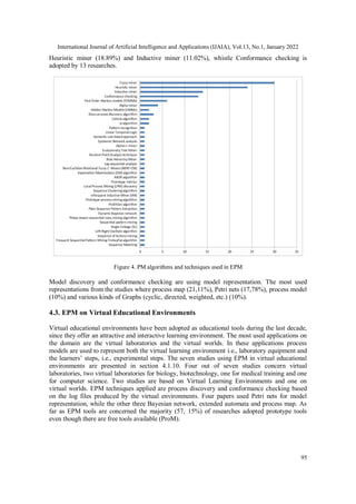 International Journal of Artificial Intelligence and Applications (IJAIA), Vol.13, No.1, January 2022
95
Heuristic miner (18.89%) and Inductive miner (11.02%), whistle Conformance checking is
adopted by 13 researches.
Figure 4. PM algorithms and techniques used in EPM
Model discovery and conformance checking are using model representation. The most used
representations from the studies where process map (21,11%), Petri nets (17,78%), process model
(10%) and various kinds of Graphs (cyclic, directed, weighted, etc.) (10%).
4.3. EPM on Virtual Educational Environments
Virtual educational environments have been adopted as educational tools during the last decade,
since they offer an attractive and interactive learning environment. The most used applications on
the domain are the virtual laboratories and the virtual worlds. In these applications process
models are used to represent both the virtual learning environment i.e., laboratory equipment and
the learners’ steps, i.e., experimental steps. The seven studies using EPM in virtual educational
environments are presented in section 4.1.10. Four out of seven studies concern virtual
laboratories, two virtual laboratories for biology, biotechnology, one for medical training and one
for computer science. Two studies are based on Virtual Learning Environments and one on
virtual worlds. EPM techniques applied are process discovery and conformance checking based
on the log files produced by the virtual environments. Four papers used Petri nets for model
representation, while the other three Bayesian network, extended automata and process map. As
far as EPM tools are concerned the majority (57, 15%) of researches adopted prototype tools
even though there are free tools available (ProM).
 