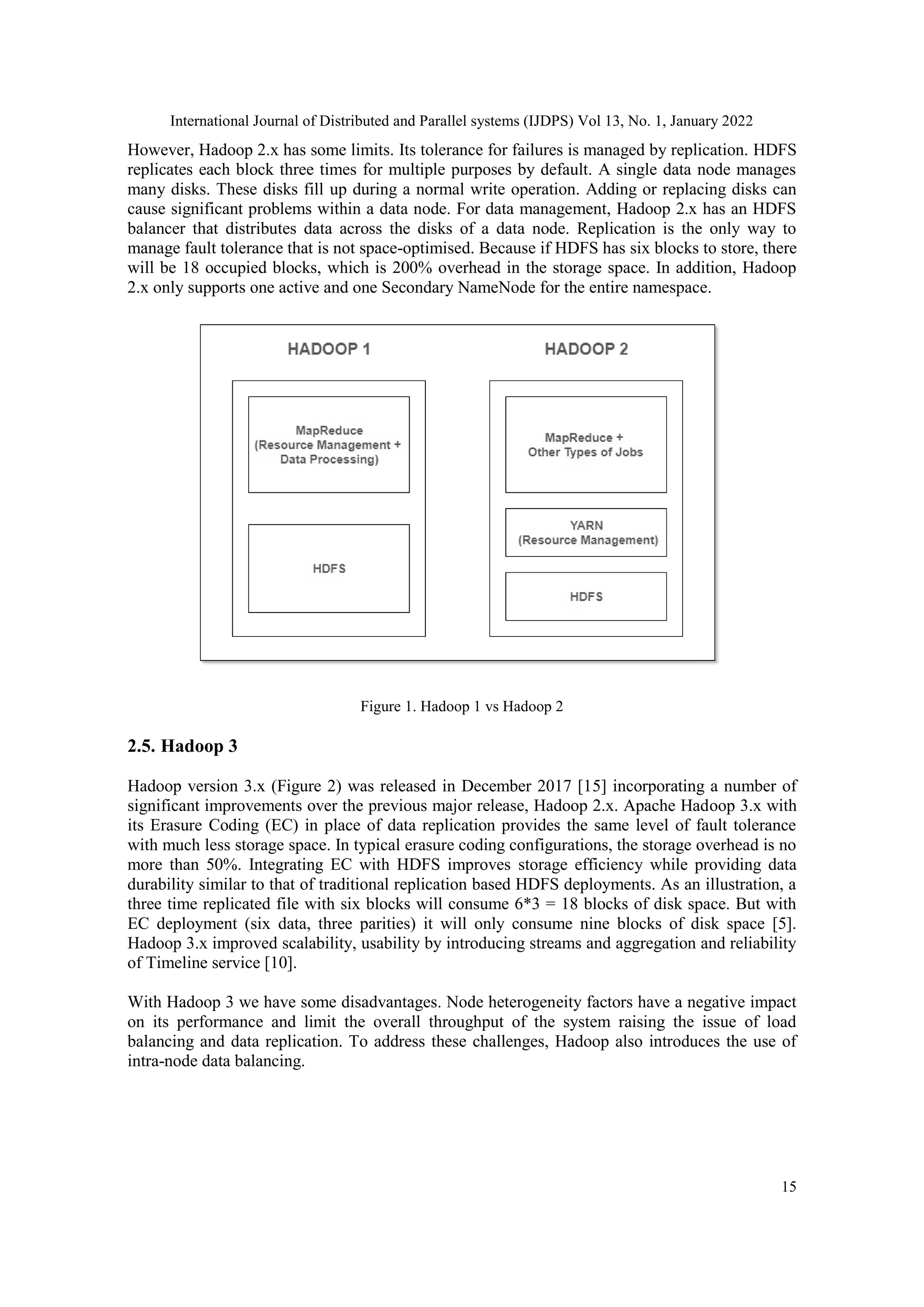 International Journal of Distributed and Parallel systems (IJDPS) Vol 13, No. 1, January 2022
15
However, Hadoop 2.x has some limits. Its tolerance for failures is managed by replication. HDFS
replicates each block three times for multiple purposes by default. A single data node manages
many disks. These disks fill up during a normal write operation. Adding or replacing disks can
cause significant problems within a data node. For data management, Hadoop 2.x has an HDFS
balancer that distributes data across the disks of a data node. Replication is the only way to
manage fault tolerance that is not space-optimised. Because if HDFS has six blocks to store, there
will be 18 occupied blocks, which is 200% overhead in the storage space. In addition, Hadoop
2.x only supports one active and one Secondary NameNode for the entire namespace.
Figure 1. Hadoop 1 vs Hadoop 2
2.5. Hadoop 3
Hadoop version 3.x (Figure 2) was released in December 2017 [15] incorporating a number of
significant improvements over the previous major release, Hadoop 2.x. Apache Hadoop 3.x with
its Erasure Coding (EC) in place of data replication provides the same level of fault tolerance
with much less storage space. In typical erasure coding configurations, the storage overhead is no
more than 50%. Integrating EC with HDFS improves storage efficiency while providing data
durability similar to that of traditional replication based HDFS deployments. As an illustration, a
three time replicated file with six blocks will consume 6*3 = 18 blocks of disk space. But with
EC deployment (six data, three parities) it will only consume nine blocks of disk space [5].
Hadoop 3.x improved scalability, usability by introducing streams and aggregation and reliability
of Timeline service [10].
With Hadoop 3 we have some disadvantages. Node heterogeneity factors have a negative impact
on its performance and limit the overall throughput of the system raising the issue of load
balancing and data replication. To address these challenges, Hadoop also introduces the use of
intra-node data balancing.
 