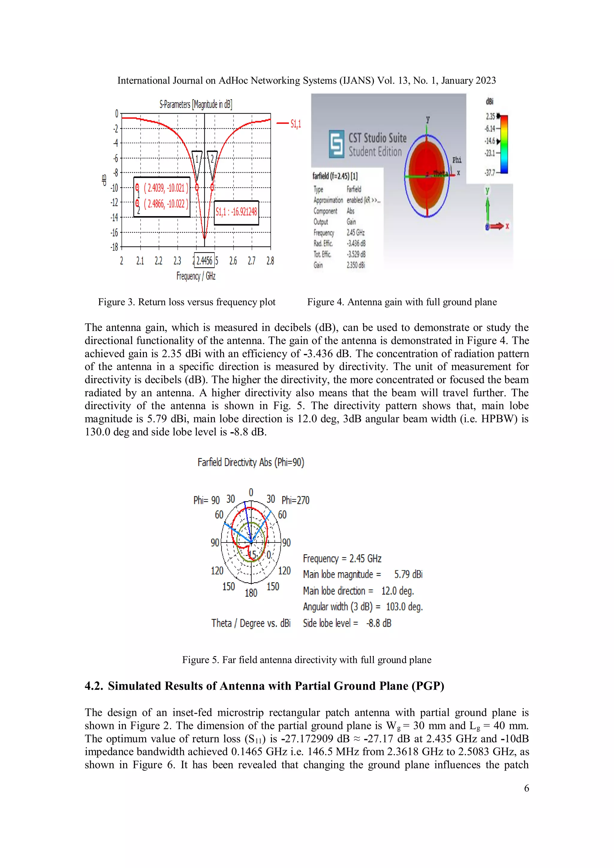 International Journal on AdHoc Networking Systems (IJANS) Vol. 13, No. 1, January 2023
6
Figure 3. Return loss versus frequency plot Figure 4. Antenna gain with full ground plane
The antenna gain, which is measured in decibels (dB), can be used to demonstrate or study the
directional functionality of the antenna. The gain of the antenna is demonstrated in Figure 4. The
achieved gain is 2.35 dBi with an efficiency of -3.436 dB. The concentration of radiation pattern
of the antenna in a specific direction is measured by directivity. The unit of measurement for
directivity is decibels (dB). The higher the directivity, the more concentrated or focused the beam
radiated by an antenna. A higher directivity also means that the beam will travel further. The
directivity of the antenna is shown in Fig. 5. The directivity pattern shows that, main lobe
magnitude is 5.79 dBi, main lobe direction is 12.0 deg, 3dB angular beam width (i.e. HPBW) is
130.0 deg and side lobe level is -8.8 dB.
Figure 5. Far field antenna directivity with full ground plane
4.2. Simulated Results of Antenna with Partial Ground Plane (PGP)
The design of an inset-fed microstrip rectangular patch antenna with partial ground plane is
shown in Figure 2. The dimension of the partial ground plane is Wg = 30 mm and Lg = 40 mm.
The optimum value of return loss (S11) is -27.172909 dB ≈ -27.17 dB at 2.435 GHz and -10dB
impedance bandwidth achieved 0.1465 GHz i.e. 146.5 MHz from 2.3618 GHz to 2.5083 GHz, as
shown in Figure 6. It has been revealed that changing the ground plane influences the patch
 