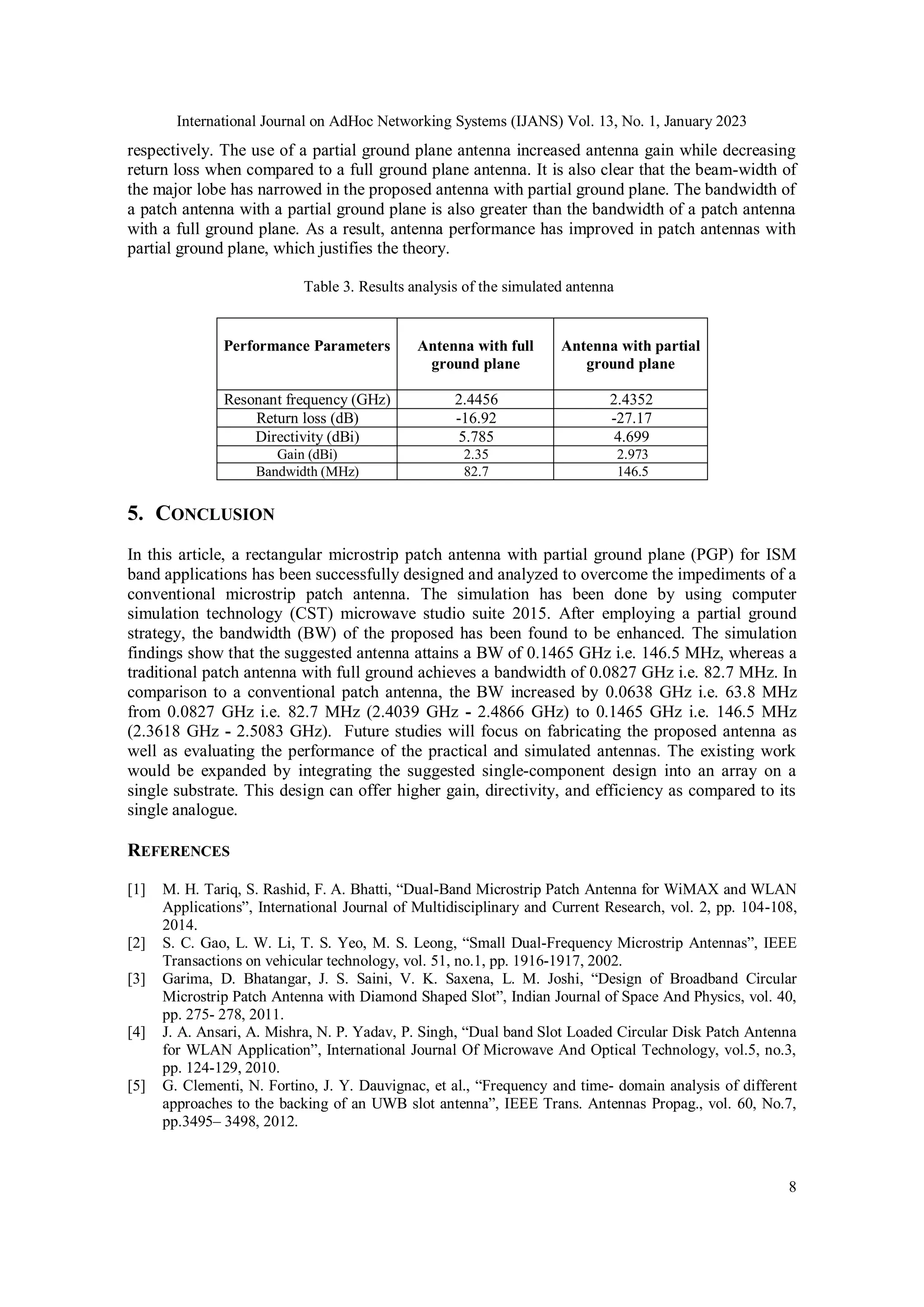 International Journal on AdHoc Networking Systems (IJANS) Vol. 13, No. 1, January 2023
8
respectively. The use of a partial ground plane antenna increased antenna gain while decreasing
return loss when compared to a full ground plane antenna. It is also clear that the beam-width of
the major lobe has narrowed in the proposed antenna with partial ground plane. The bandwidth of
a patch antenna with a partial ground plane is also greater than the bandwidth of a patch antenna
with a full ground plane. As a result, antenna performance has improved in patch antennas with
partial ground plane, which justifies the theory.
Table 3. Results analysis of the simulated antenna
Performance Parameters Antenna with full
ground plane
Antenna with partial
ground plane
Resonant frequency (GHz) 2.4456 2.4352
Return loss (dB) -16.92 -27.17
Directivity (dBi) 5.785 4.699
Gain (dBi) 2.35 2.973
Bandwidth (MHz) 82.7 146.5
5. CONCLUSION
In this article, a rectangular microstrip patch antenna with partial ground plane (PGP) for ISM
band applications has been successfully designed and analyzed to overcome the impediments of a
conventional microstrip patch antenna. The simulation has been done by using computer
simulation technology (CST) microwave studio suite 2015. After employing a partial ground
strategy, the bandwidth (BW) of the proposed has been found to be enhanced. The simulation
findings show that the suggested antenna attains a BW of 0.1465 GHz i.e. 146.5 MHz, whereas a
traditional patch antenna with full ground achieves a bandwidth of 0.0827 GHz i.e. 82.7 MHz. In
comparison to a conventional patch antenna, the BW increased by 0.0638 GHz i.e. 63.8 MHz
from 0.0827 GHz i.e. 82.7 MHz (2.4039 GHz - 2.4866 GHz) to 0.1465 GHz i.e. 146.5 MHz
(2.3618 GHz - 2.5083 GHz). Future studies will focus on fabricating the proposed antenna as
well as evaluating the performance of the practical and simulated antennas. The existing work
would be expanded by integrating the suggested single-component design into an array on a
single substrate. This design can offer higher gain, directivity, and efficiency as compared to its
single analogue.
REFERENCES
[1] M. H. Tariq, S. Rashid, F. A. Bhatti, “Dual-Band Microstrip Patch Antenna for WiMAX and WLAN
Applications”, International Journal of Multidisciplinary and Current Research, vol. 2, pp. 104-108,
2014.
[2] S. C. Gao, L. W. Li, T. S. Yeo, M. S. Leong, “Small Dual-Frequency Microstrip Antennas”, IEEE
Transactions on vehicular technology, vol. 51, no.1, pp. 1916-1917, 2002.
[3] Garima, D. Bhatangar, J. S. Saini, V. K. Saxena, L. M. Joshi, “Design of Broadband Circular
Microstrip Patch Antenna with Diamond Shaped Slot”, Indian Journal of Space And Physics, vol. 40,
pp. 275- 278, 2011.
[4] J. A. Ansari, A. Mishra, N. P. Yadav, P. Singh, “Dual band Slot Loaded Circular Disk Patch Antenna
for WLAN Application”, International Journal Of Microwave And Optical Technology, vol.5, no.3,
pp. 124-129, 2010.
[5] G. Clementi, N. Fortino, J. Y. Dauvignac, et al., “Frequency and time- domain analysis of different
approaches to the backing of an UWB slot antenna”, IEEE Trans. Antennas Propag., vol. 60, No.7,
pp.3495– 3498, 2012.
 