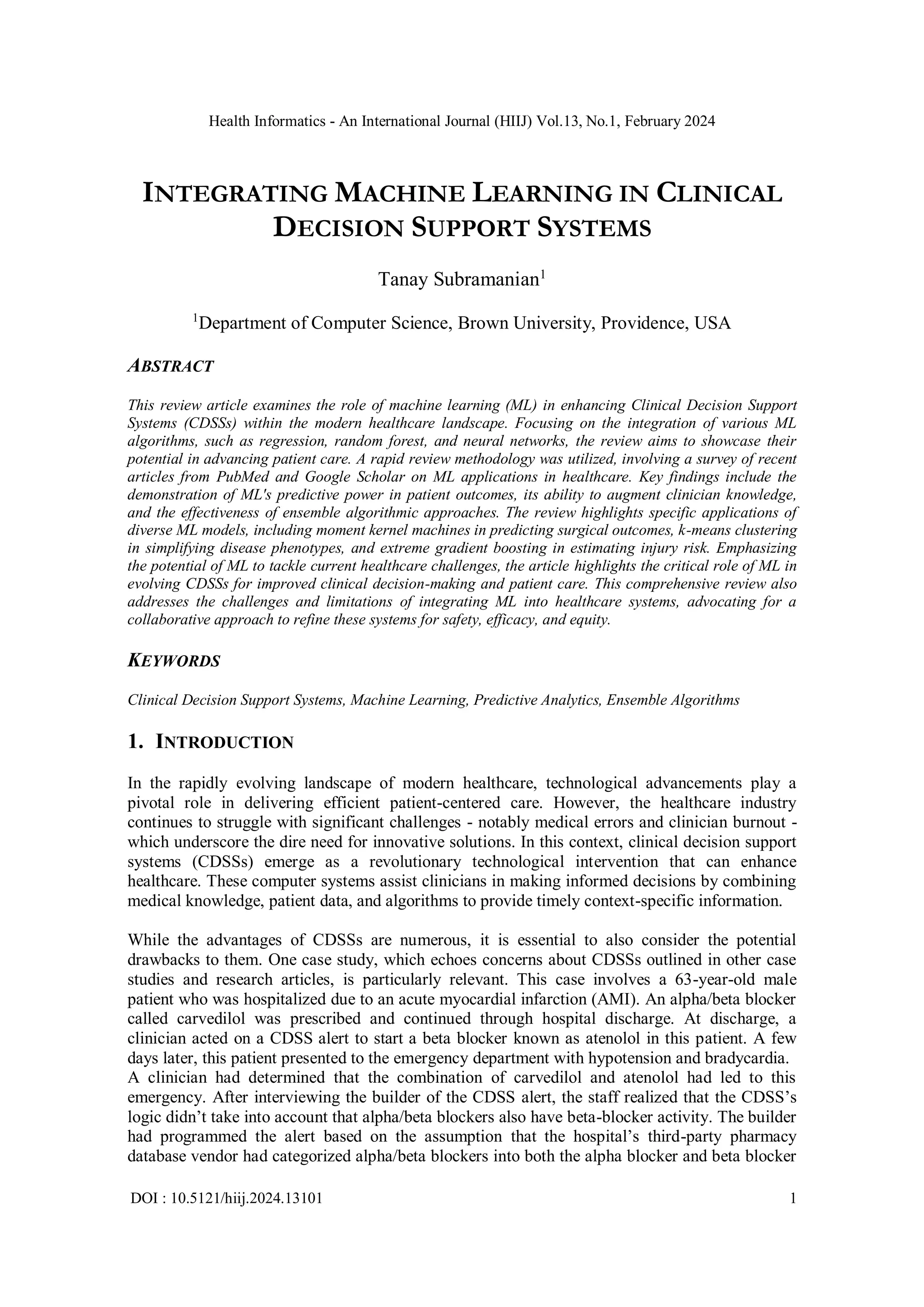 INTEGRATING MACHINE LEARNING IN CLINICAL DECISION SUPPORT SYSTEMS | PDF