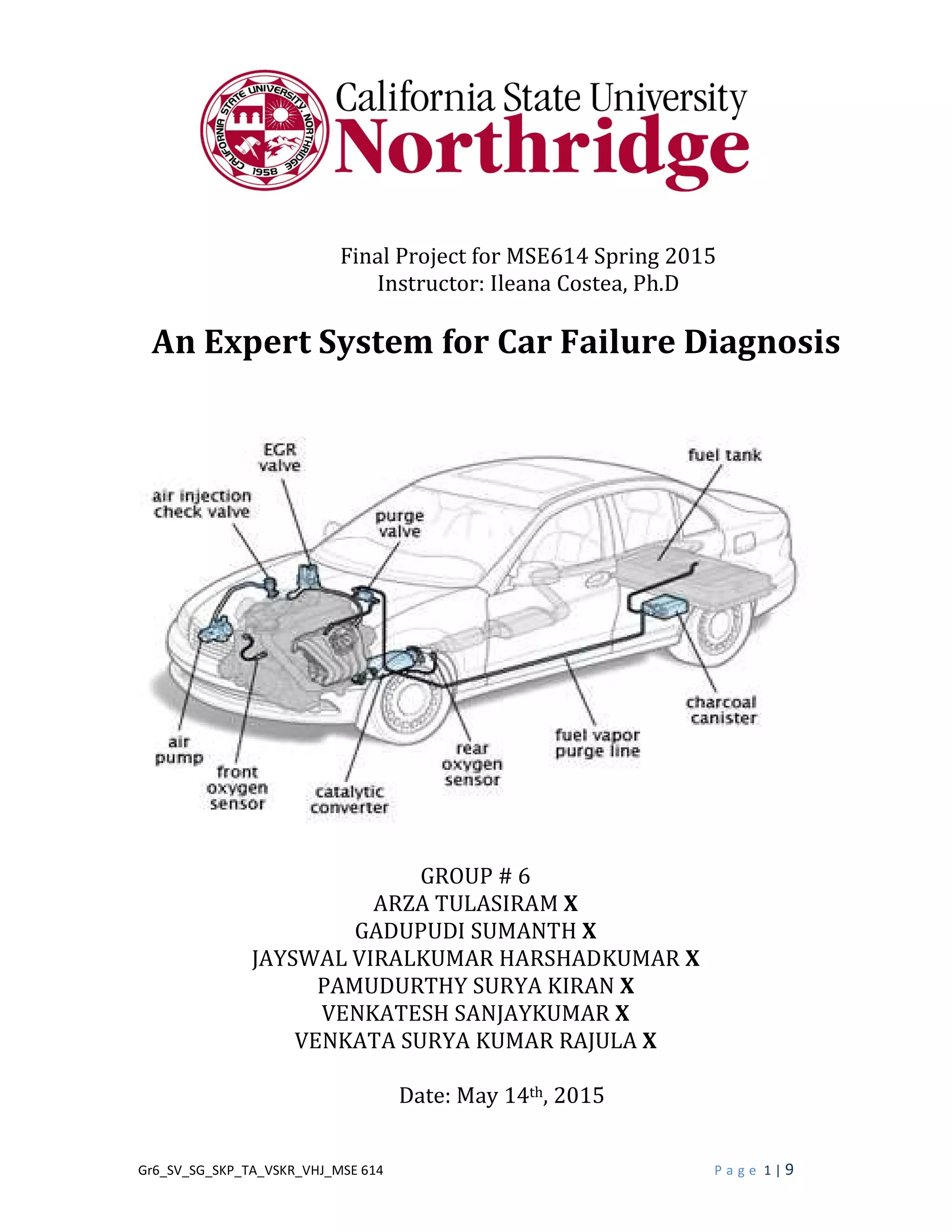 Gr6_SV_SG_SKP_TA_VSKR_VHJ_MSE 614 P a g e 1 | 9
Final Project for MSE614 Spring 2015
Instructor: Ileana Costea, Ph.D
An Expert System for Car Failure Diagnosis
GROUP # 6
ARZA TULASIRAM X
GADUPUDI SUMANTH X
JAYSWAL VIRALKUMAR HARSHADKUMAR X
PAMUDURTHY SURYA KIRAN X
VENKATESH SANJAYKUMAR X
VENKATA SURYA KUMAR RAJULA X
Date: May 14th, 2015
 