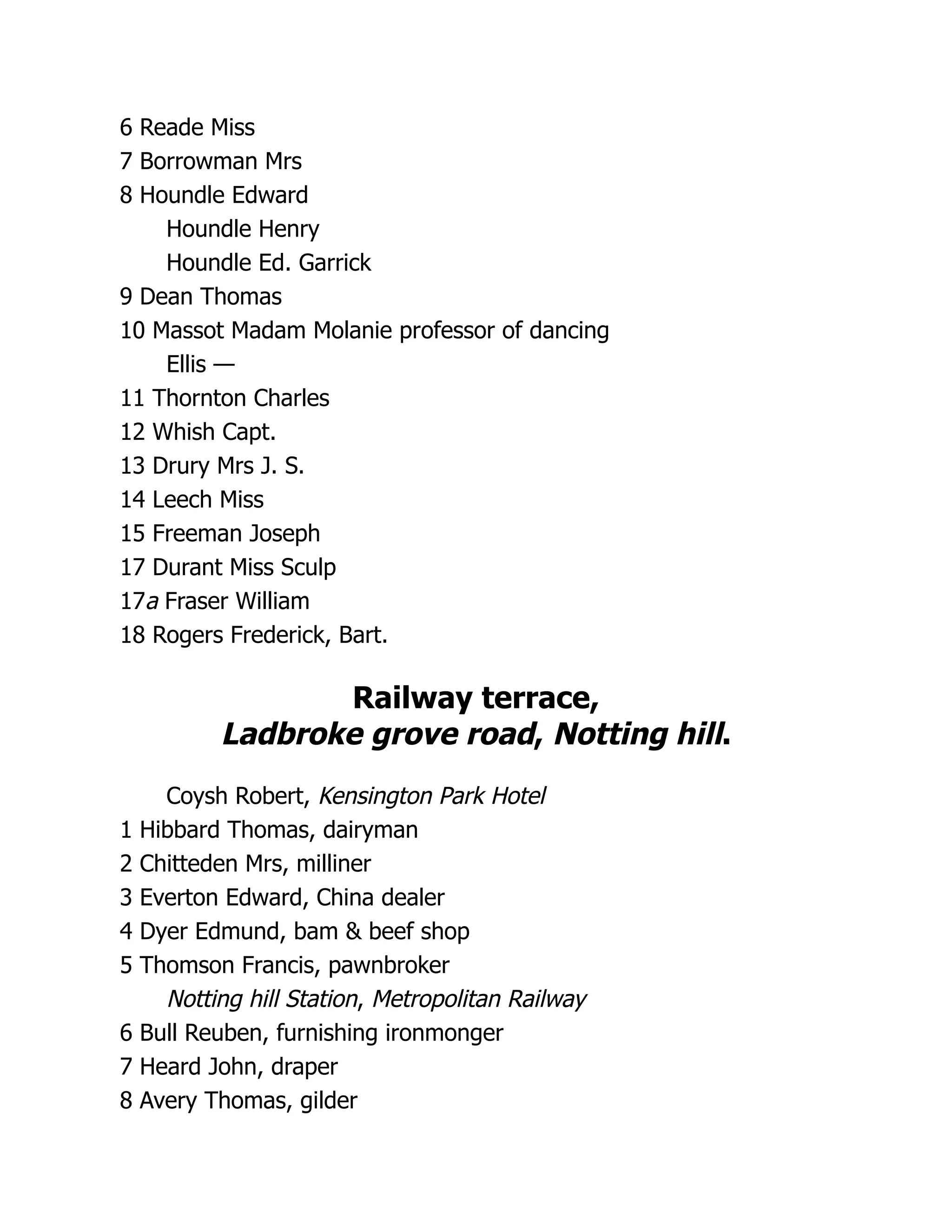 6 Reade Miss
7 Borrowman Mrs
8 Houndle Edward
Houndle Henry
Houndle Ed. Garrick
9 Dean Thomas
10 Massot Madam Molanie professor of dancing
Ellis —
11 Thornton Charles
12 Whish Capt.
13 Drury Mrs J. S.
14 Leech Miss
15 Freeman Joseph
17 Durant Miss Sculp
17a Fraser William
18 Rogers Frederick, Bart.
Railway terrace,
Ladbroke grove road, Notting hill.
Coysh Robert, Kensington Park Hotel
1 Hibbard Thomas, dairyman
2 Chitteden Mrs, milliner
3 Everton Edward, China dealer
4 Dyer Edmund, bam & beef shop
5 Thomson Francis, pawnbroker
Notting hill Station, Metropolitan Railway
6 Bull Reuben, furnishing ironmonger
7 Heard John, draper
8 Avery Thomas, gilder
 