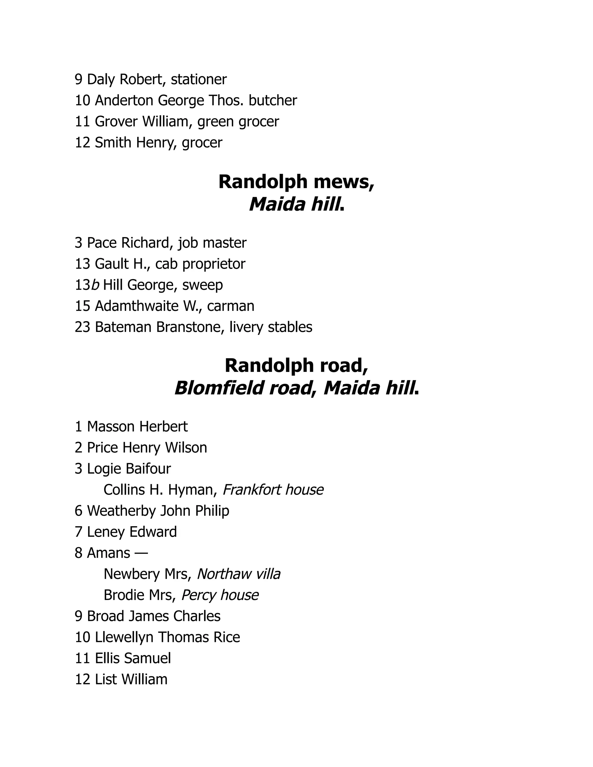 9 Daly Robert, stationer
10 Anderton George Thos. butcher
11 Grover William, green grocer
12 Smith Henry, grocer
Randolph mews,
Maida hill.
3 Pace Richard, job master
13 Gault H., cab proprietor
13b Hill George, sweep
15 Adamthwaite W., carman
23 Bateman Branstone, livery stables
Randolph road,
Blomfield road, Maida hill.
1 Masson Herbert
2 Price Henry Wilson
3 Logie Baifour
Collins H. Hyman, Frankfort house
6 Weatherby John Philip
7 Leney Edward
8 Amans —
Newbery Mrs, Northaw villa
Brodie Mrs, Percy house
9 Broad James Charles
10 Llewellyn Thomas Rice
11 Ellis Samuel
12 List William
 