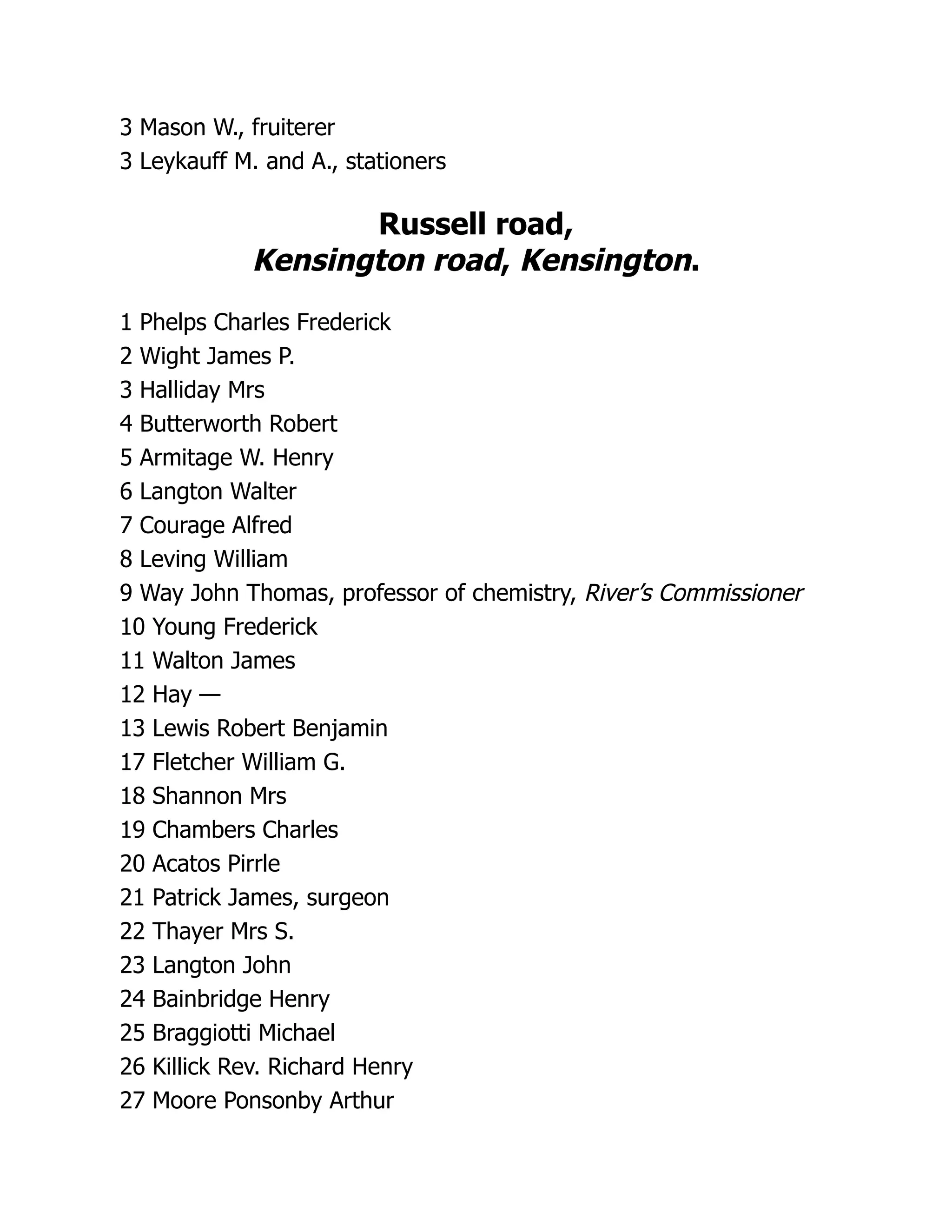 3 Mason W., fruiterer
3 Leykauff M. and A., stationers
Russell road,
Kensington road, Kensington.
1 Phelps Charles Frederick
2 Wight James P.
3 Halliday Mrs
4 Butterworth Robert
5 Armitage W. Henry
6 Langton Walter
7 Courage Alfred
8 Leving William
9 Way John Thomas, professor of chemistry, River’s Commissioner
10 Young Frederick
11 Walton James
12 Hay —
13 Lewis Robert Benjamin
17 Fletcher William G.
18 Shannon Mrs
19 Chambers Charles
20 Acatos Pirrle
21 Patrick James, surgeon
22 Thayer Mrs S.
23 Langton John
24 Bainbridge Henry
25 Braggiotti Michael
26 Killick Rev. Richard Henry
27 Moore Ponsonby Arthur
 
