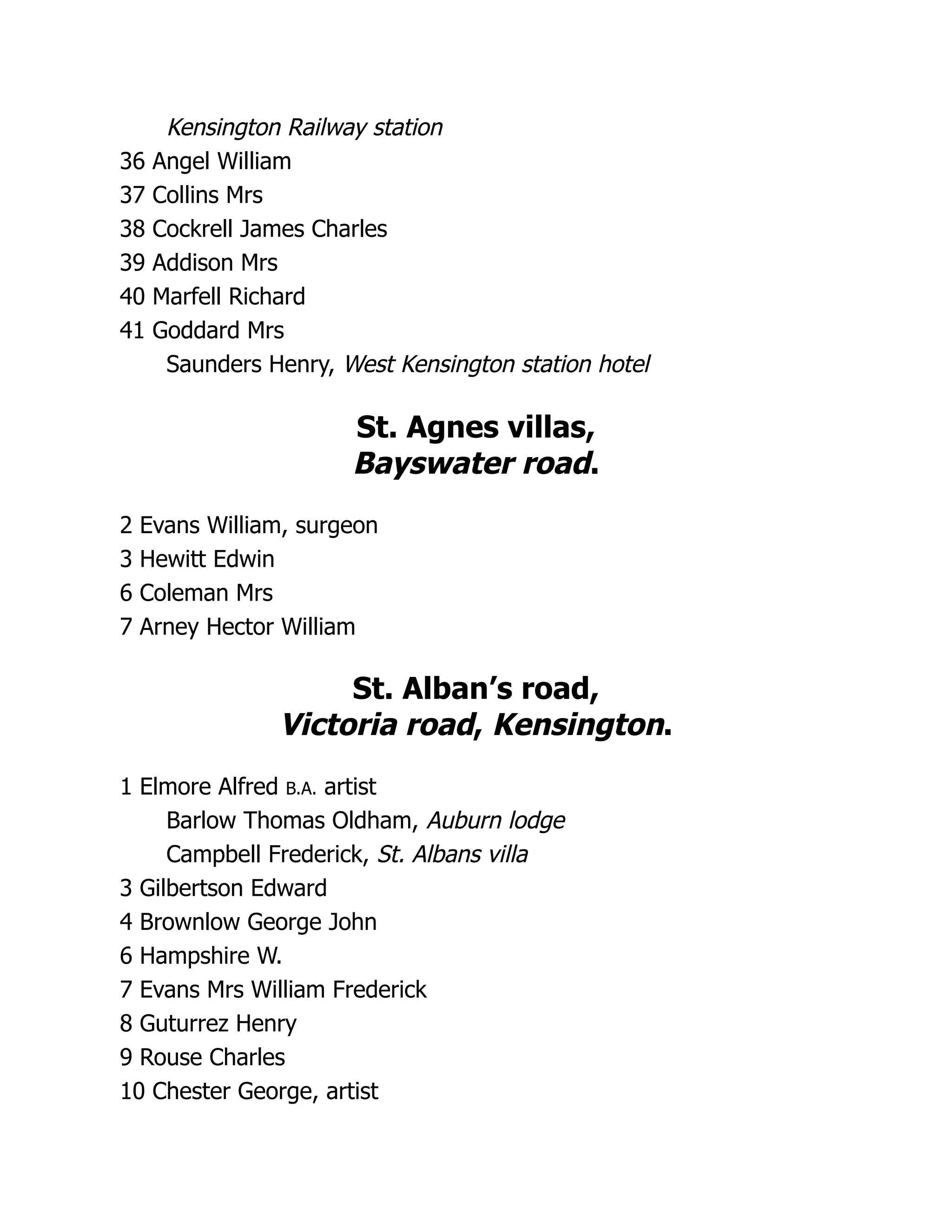 Kensington Railway station
36 Angel William
37 Collins Mrs
38 Cockrell James Charles
39 Addison Mrs
40 Marfell Richard
41 Goddard Mrs
Saunders Henry, West Kensington station hotel
St. Agnes villas,
Bayswater road.
2 Evans William, surgeon
3 Hewitt Edwin
6 Coleman Mrs
7 Arney Hector William
St. Alban’s road,
Victoria road, Kensington.
1 Elmore Alfred B.A. artist
Barlow Thomas Oldham, Auburn lodge
Campbell Frederick, St. Albans villa
3 Gilbertson Edward
4 Brownlow George John
6 Hampshire W.
7 Evans Mrs William Frederick
8 Guturrez Henry
9 Rouse Charles
10 Chester George, artist
 