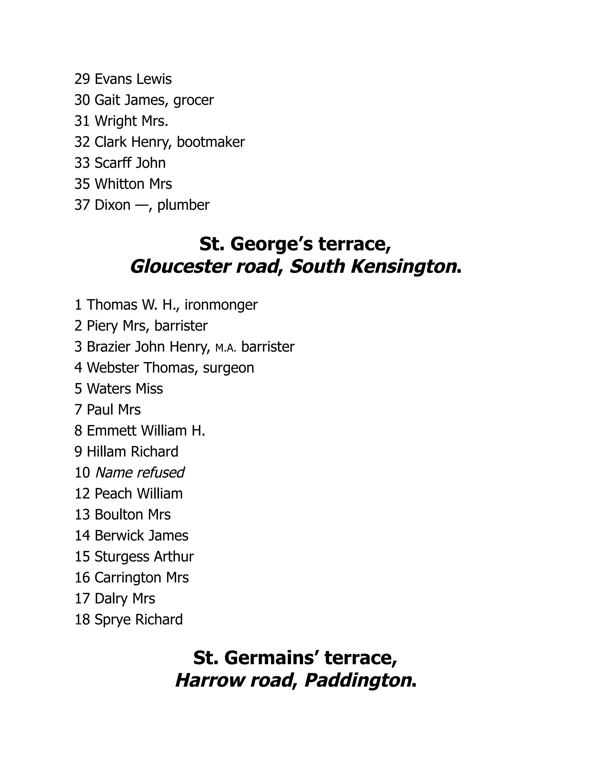 29 Evans Lewis
30 Gait James, grocer
31 Wright Mrs.
32 Clark Henry, bootmaker
33 Scarff John
35 Whitton Mrs
37 Dixon —, plumber
St. George’s terrace,
Gloucester road, South Kensington.
1 Thomas W. H., ironmonger
2 Piery Mrs, barrister
3 Brazier John Henry, M.A. barrister
4 Webster Thomas, surgeon
5 Waters Miss
7 Paul Mrs
8 Emmett William H.
9 Hillam Richard
10 Name refused
12 Peach William
13 Boulton Mrs
14 Berwick James
15 Sturgess Arthur
16 Carrington Mrs
17 Dalry Mrs
18 Sprye Richard
St. Germains’ terrace,
Harrow road, Paddington.
 