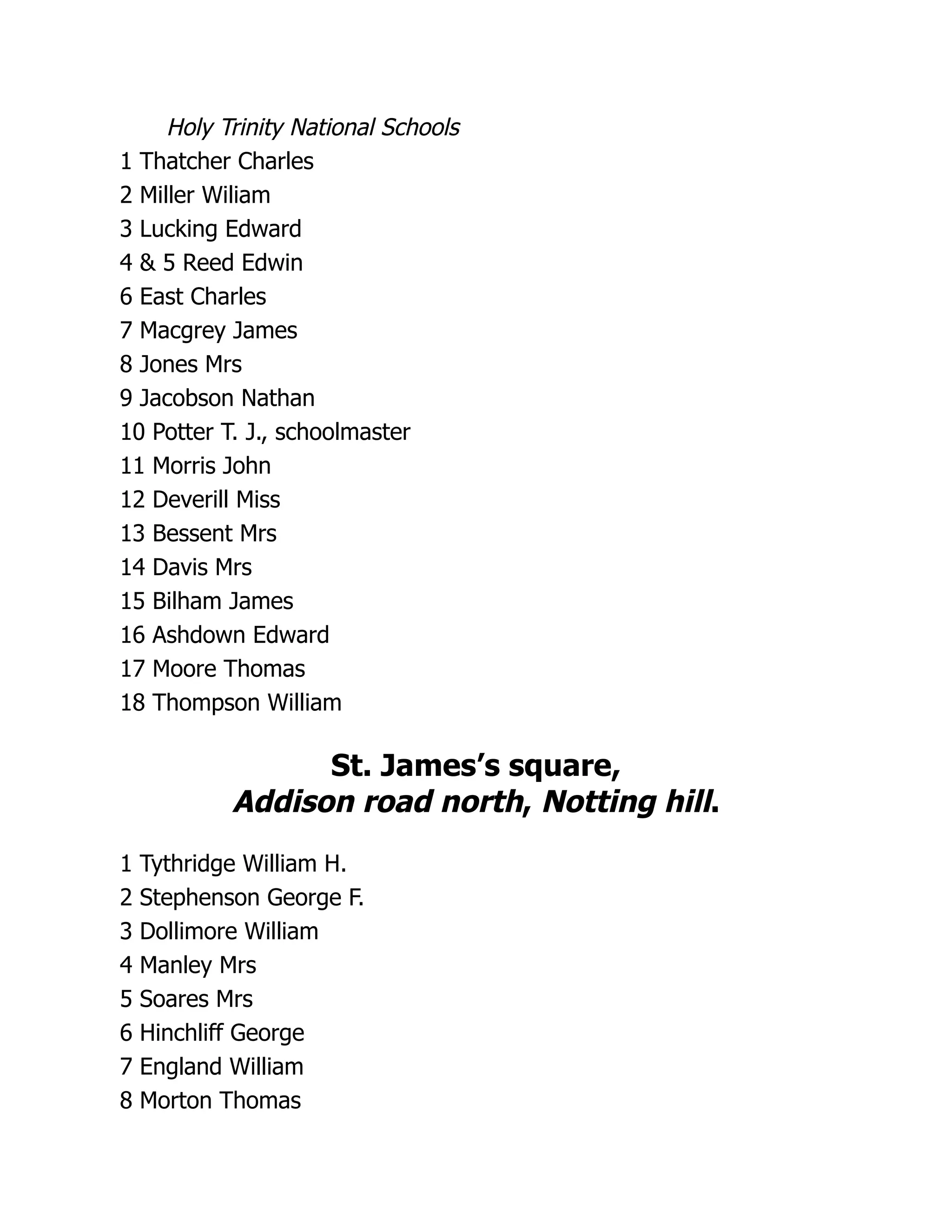 Holy Trinity National Schools
1 Thatcher Charles
2 Miller Wiliam
3 Lucking Edward
4 & 5 Reed Edwin
6 East Charles
7 Macgrey James
8 Jones Mrs
9 Jacobson Nathan
10 Potter T. J., schoolmaster
11 Morris John
12 Deverill Miss
13 Bessent Mrs
14 Davis Mrs
15 Bilham James
16 Ashdown Edward
17 Moore Thomas
18 Thompson William
St. James’s square,
Addison road north, Notting hill.
1 Tythridge William H.
2 Stephenson George F.
3 Dollimore William
4 Manley Mrs
5 Soares Mrs
6 Hinchliff George
7 England William
8 Morton Thomas
 