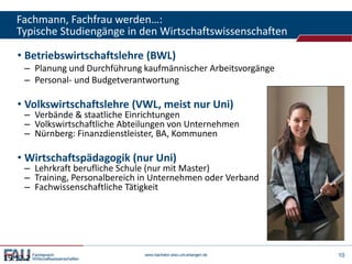 Fachmann, Fachfrau werden…:
Typische Studiengänge in den Wirtschaftswissenschaften
• Betriebswirtschaftslehre (BWL)

– Planung und Durchführung kaufmännischer Arbeitsvorgänge
– Personal- und Budgetverantwortung

• Volkswirtschaftslehre (VWL, meist nur Uni)

– Verbände & staatliche Einrichtungen
– Volkswirtschaftliche Abteilungen von Unternehmen
– Nürnberg: Finanzdienstleister, BA, Kommunen

• Wirtschaftspädagogik (nur Uni)

– Lehrkraft berufliche Schule (nur mit Master)
– Training, Personalbereich in Unternehmen oder Verband
– Fachwissenschaftliche Tätigkeit

Wirtschaftswissenschaften
19.12.2 Fachbereich

www.bachelor.wiso.uni-erlangen.de

10

 