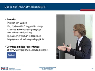 Danke für Ihre Aufmerksamkeit!

• Kontakt:
Prof. Dr. Karl Wilbers
FAU (Universität Erlangen-Nürnberg)
Lehrstuhl für Wirtschaftspädagogik
und Personalentwicklung
karl.wilbers@wiso.uni-erlangen.de
http://www.wirtschaftspaedagogik.de

• Download dieser Präsentation:
http://www.facebook.com/karl.wilbers

Fachbereich
Wirtschaftswissenschaften

Lehrstuhl für Wirtschaftspädagogik
und Personalentwicklung
Prof. Dr. Karl Wilbers

19

 