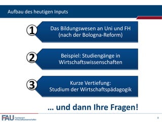 Aufbau des heutigen Inputs

Das Bildungswesen an Uni und FH
(nach der Bologna-Reform)
Beispiel: Studiengänge in
Wirtschaftswissenschaften
Kurze Vertiefung:
Studium der Wirtschaftspädagogik

… und dann Ihre Fragen!
Fachbereich
Wirtschaftswissenschaften

8

 