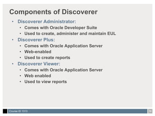Components of Discoverer Discoverer Administrator: Comes with Oracle Developer Suite Used to create, administer and maintain EUL Discoverer Plus:  Comes with Oracle Application Server Web-enabled Used to create reports Discoverer Viewer:  Comes with Oracle Application Server Web enabled Used to view reports 