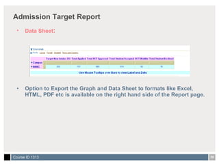 Admission Target Report Data Sheet : Option to Export the Graph and Data Sheet to formats like Excel, HTML, PDF etc is available on the right hand side of the Report page. 