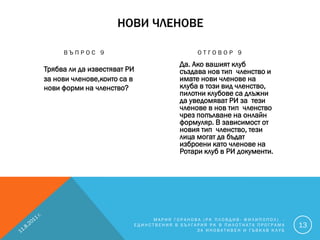 НОВИ ЧЛЕНОВЕ

     ВЪПРОС 9                               ОТГОВОР 9
                                      Да. Ако вашият клуб
Трябва ли да известяват РИ            създава нов тип членство и
за нови членове,които са в            имате нови членове на
нови форми на членство?               клуба в този вид членство,
                                      пилотни клубове са длъжни
                                      да уведомяват РИ за тези
                                      членове в нов тип членство
                                      чрез попълване на онлайн
                                      формуляр. В зависимост от
                                      новия тип членство, тези
                                      лица могат да бъдат
                                      изброени като членове на
                                      Ротари клуб в РИ документи.




                              МАРИЯ ГОРАНОВА (РК ПЛОВДИВ- ФИЛИПОПОЛ) -
                         ЕДИНСТВЕНИЯ В БЪЛГАРИЯ РК В ПИЛОТНАТА ПРОГРАМА   13
                                            ЗА ИНОВАТИВЕН И ГЪВКАВ КЛУБ
 