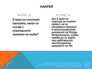 НАКРАЯ

   ВЪПРОС 13                        ОТГОВОР 13

В края на пилотната            Ако в края на
                               периода на пилотен
програма, какво се             проект, не са
случва с                       направени промени
новаторските                   в конституционните
                               документи на Ротари
промени на клуба?              Интернешънъл, клубът
                               трябва да се върне
                               към действащите
                               конституционни
                               документи на РИ.




                       МАРИЯ ГОРАНОВА (РК ПЛОВДИВ- ФИЛИПОПОЛ) -
                  ЕДИНСТВЕНИЯ В БЪЛГАРИЯ РК В ПИЛОТНАТА ПРОГРАМА   17
                                     ЗА ИНОВАТИВЕН И ГЪВКАВ КЛУБ
 