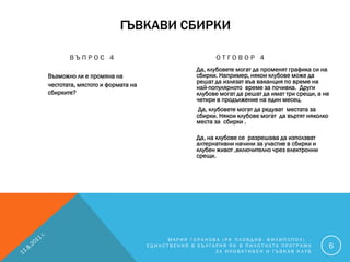 ГЪВКАВИ СБИРКИ

       ВЪПРОС 4                                      ОТГОВОР 4
                                               Да, клубовете могат да променят графика си на
Възможно ли е промяна на                       сбирки. Например, някои клубове може да
                                               решат да излезат във ваканция по време на
честотата, мястото и формата на                най-популярното време за почивка. Други
сбирките?                                      клубове могат да решат да имат три срещи, а не
                                               четири в продължение на един месец.
                                                Да, клубовете могат да редуват местата за
                                               сбирки. Някои клубове могат да въртят няколко
                                               места за сбирки .

                                               Да, на клубове се разрешава да използват
                                               алтернативни начини за участие в сбирки и
                                               клубен живот ,включително чрез електронни
                                               срещи.




                                       МАРИЯ ГОРАНОВА (РК ПЛОВДИВ- ФИЛИПОПОЛ) -
                                  ЕДИНСТВЕНИЯ В БЪЛГАРИЯ РК В ПИЛОТНАТА ПРОГРАМА               6
                                                     ЗА ИНОВАТИВЕН И ГЪВКАВ КЛУБ
 