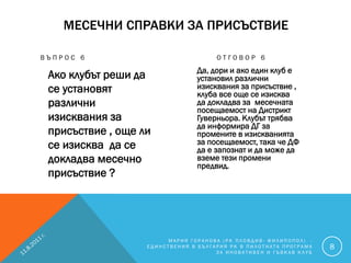 МЕСЕЧНИ СПРАВКИ ЗА ПРИСЪСТВИЕ

ВЪПРОС 6                              ОТГОВОР 6
                                Да, дори и ако един клуб е
 Ако клубът реши да             установил различни
 се установят                   изисквания за присъствие ,
                                клуба все още се изисква
 различни                       да докладва за месечната
                                посещаемост на Дистрикт
 изисквания за                  Гуверньора. Клубът трябва
                                да информира ДГ за
 присъствие , още ли            промените в изискванията
 се изисква да се               за посещаемост, така че ДФ
                                да е запознат и да може да
 докладва месечно               вземе тези промени
                                предвид.
 присъствие ?




                        МАРИЯ ГОРАНОВА (РК ПЛОВДИВ- ФИЛИПОПОЛ) -
                   ЕДИНСТВЕНИЯ В БЪЛГАРИЯ РК В ПИЛОТНАТА ПРОГРАМА   8
                                      ЗА ИНОВАТИВЕН И ГЪВКАВ КЛУБ
 