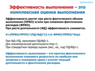 www.pemclub.ru 
Эффективность выполнения – это 
комплексная оценка выполнения 
Эффективность растет при росте фактического объема 
выполнения (ПРФЗ) и/или при снижении фактических 
расходов (ФРФЗ). 
При росте длительности (ФД) эффективность снижается. 
Э=(ПРФЗ/ПРПЗ)*(ПД/ФД)*(1+(1-ФРФЗ/ПРФЗ)*Кпр) 
При ФД<ПД, принимаем ПД/ФД=1. 
Для некоммерческой деятельности Кпр=1. 
При стандартном периоде оценки (мес., кв., год) ПД/ФД=1. 
Эффективность выполнения – это прогноз фактического 
выполнения планового результата по прибыли или 
затратам к плановому сроку с учетом текущей 
длительности и фактических расходов. 
 