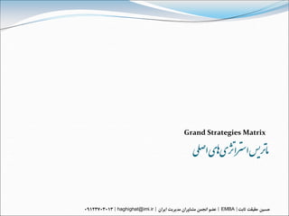 Grand Strategies Matrix

                     ‌‫مارتیس‌استزاژتی‌اهی‌اصلی‬


haghighat@imi.ir              EMBA
 