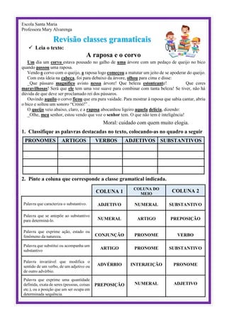 Escola Santa Maria
Professora Mary Alvarenga
Revisão classes gramaticais
 Leia o texto:
A raposa e o corvo
Um dia um corvo estava pousado no galho de uma árvore com um pedaço de queijo no bico
quando passou uma raposa.
Vendo o corvo com o queijo, a raposa logo começou a matutar um jeito de se apoderar do queijo.
Com esta ideia na cabeça, foi para debaixo da árvore, olhou para cima e disse:
_Que pássaro magnífico avisto nessa árvore! Que beleza estonteante! Que cores
maravilhosas! Será que ele tem uma voz suave para combinar com tanta beleza! Se tiver, não há
dúvida de que deve ser proclamado rei dos pássaros.
Ouvindo aquilo o corvo ficou que era pura vaidade. Para mostrar à raposa que sabia cantar, abriu
o bico e soltou um sonoro “Cróóó!” .
O queijo veio abaixo, claro, e a raposa abocanhou ligeiro aquela delícia, dizendo:
_Olhe, meu senhor, estou vendo que voz o senhor tem. O que não tem é inteligência!
Moral: cuidado com quem muito elogia.
1. Classifique as palavras destacadas no texto, colocando-as no quadro a seguir
PRONOMES ARTIGOS VERBOS ADJETIVOS SUBSTANTIVOS
2. Pinte a coluna que corresponde a classe gramatical indicada.
COLUNA 1
COLUNA DO
MEIO
COLUNA 2
Palavra que caracteriza o substantivo. ADJETIVO NUMERAL SUBSTANTIVO
Palavra que se antepõe ao substantivo
para determiná-lo. NUMERAL ARTIGO PREPOSIÇÃO
Palavra que exprime ação, estado ou
fenômeno da natureza. CONJUNÇÃO PRONOME VERBO
Palavra que substitui ou acompanha um
substantivo
ARTIGO PRONOME SUBSTANTIVO
Palavra invariável que modifica o
sentido de um verbo, de um adjetivo ou
de outro advérbio.
ADVÉRBIO INTERJEIÇÃO PRONOME
Palavra que exprime uma quantidade
definida, exata de seres (pessoas, coisas
etc.), ou a posição que um ser ocupa em
determinada sequência.
PREPOSIÇÃO NUMERAL ADJETIVO
 