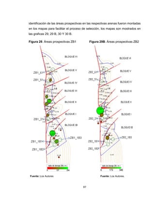 87
identificación de las áreas prospectivas en las respectivas arenas fueron montadas
en los mapas para facilitar el proceso de selección, los mapas son mostrados en
las graficas 29, 29 B, 30 Y 30 B.
Figura 29. Áreas prospectivas ZB1 Figura 29B. Áreas prospectivas ZB2
Fuente: Los Autores Fuente: Los Autores.
 