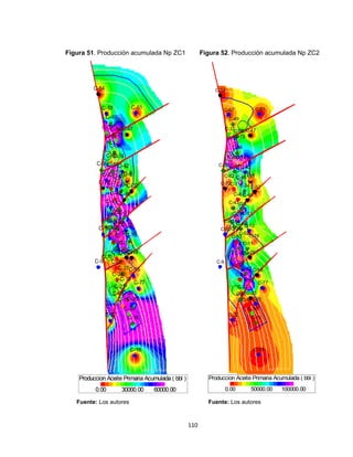 110
Figura 51. Producción acumulada Np ZC1 Figura 52. Producción acumulada Np ZC2
38003400
3800
3800
3200
3600
3800
4200
34003400
3600
3400
4400
3600
3600
3600
3600
4800
3400
3600
3800
4400
3800
3600
3400
3200
3000
3200
3000
3400
3400
3600
3800
4000
4200
3800
4000
4200
4000
4400
4200
4800
4600
3400
2800
4000
3400
3600
3800
4200
4400
3200
3000
3000
32003400 38003600 4000
3800
4000
4200
3600
3400 3000
3200
3400
3600
3800
4000
5400
5200
5000
4800
46004600
C-3
C-5
C-6
C-7
C-8
C-9
C-10
C-11
C-12
C-14
C-15
C-16
C-18
C-19
C-20
C-21
C-22
C-23
C-24
C-26
C-27
C-28
C-29
C-30
C-31
C-32
C-33
C-34
C-35
C-36
C-37
C-38
C-39
C-40
C-42
C-43
C-44
C-45
C-46
C-47
C-49
C-50
C-51
C-52
C-53
C-54
C-55
C-56
C-57
C-58
C-59
C-60
C-61
C-62
C-69
C-70
C-72
C-74
C-75
C-76
C-77
C1
Produccion Aceite Primaria Acumulada ( bbl )
0.00 30000.00 60000.00
5000
4600
4800
4400
4200
4000
3600
3400
3800
3400
3800
3600
3800
4000
4200
4400
4600
4800
3400
4000
3600
4200
4400
4000
4400
4600
5000
5200
4800
4600440042004000
3800
3800
42004200
4000
5200
5400
4000
3800
4000
3800
3800
3800
5200
5400
5400
3600
3200
3800
4200
4000
4400
3600
3800
4200
4000
4400
4200
4000
3800
3400
3400
3600
3800
4000
4200
4400
3600
3400
34003400
C-3
C-5
C-6
C-7
C-8
C-9
C-10
C-11
C-12
C-15
C-16
C-18
C-19
C-20
C-21
C-22
C-23
C-24
C-26
C-27
C-28
C-29
C-30
C-31
C-32
C-33
C-34
C-35
C-36
C-37
C-38
C-39
C-40
C-42
C-43
C-44
C-45
C-46
C-47
C-49
C-50
C-51
C-52
C-53
C-54
C-55
C-56
C-57
C-58
C-59
C-60
C-61
C-62
C-69
C-72
C-74
C-75
C-76
C-77
ducción Acumulada ZC2
Produc
Fuente: Los autores Fuente: Los autores
 
