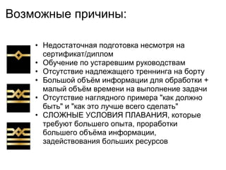 Возможные причины:

    • Недостаточная подготовка несмотря на
      сертификат/диплом
    • Обучение по устаревшим руководствам
    • Отсутствие надлежащего треннинга на борту
    • Большой объѐм информации для обработки +
      малый объѐм времени на выполнение задачи
    • Отсутствие наглядного примера "как должно
      быть" и "как это лучше всего сделать"
    • СЛОЖНЫЕ УСЛОВИЯ ПЛАВАНИЯ, которые
      требуют большего опыта, проработки
      большего объѐма информации,
      задействования больших ресурсов
 
