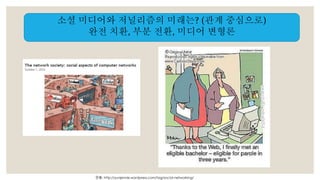 소셜 미디어와 저널리즘의 미래는? (관계 중심으로) 
완전 치환, 부분 전환, 미디어 변형론 
인용: http://yunjennie.wordpress.com/tag/social-networking/ 
 