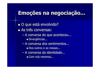 EmoEmoçções na negociaões na negociaçção...ão...
O que estO que estáá envolvido?envolvido?
As três conversas:As três conversas:
–– A conversa do que aconteceu...A conversa do que aconteceu...
Divergências...Divergências...
–– A conversa dos sentimentos...A conversa dos sentimentos...
Dos outros e as nossas...Dos outros e as nossas...
–– A conversa da identidade...A conversa da identidade...
Com nCom nóós mesmos...s mesmos...
 