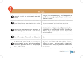 OTROS
                                                          Sólo con carácter excepcional, si algún miembro de la
Salida de menores del centro durante la jornada
                                                          familia viene a recogerlo y justifica por escrito la nece-
escolar.
                                                          sidad de la misma.


Deber de justificar las faltas de asistencia al centro.   Sí, siempre, sea cual sea el motivo de la misma.


                                                          Está incluido en el Reglamento de Organización y Fun-
Organización de la vigilancia de los tiempos de re-       cionamiento. Si coincide en el recreo el alumnado de
creo y de los periodos de entrada y salida de clase.      distintas etapas, suelen existir espacios diferenciados
                                                          para unos y otros.


Los uniformes para el alumnado son obligatorios.          No.


El alumnado de primer ciclo de secundaria dispone         Requisitos: Estar matriculado en los estudios compren-
del mismo seguro que tiene su familia, por la Segu-       didos en el Seguro y haber abonado la cuota anual.
ridad Social. A partir de 3º de ESO, está protegido       Acreditar un año de Seguro para tener derecho a las
por el Seguro Escolar.                                    prestaciones.




                                                                                                                       27
                                                                                          { PREGUNTASFRECUENTES }
 