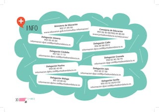 +
     INFO
                                                 Educación
                                   Ministerio de
                                         902 21 85 0 0          rmacion/              Consejería d
                                                consulta s-info                                     e Educación
                          www.edu cacion.gob.es/                                   9 55 0 6 4 0 0
                                                                                www.juntad        0/90 0 84 80
                                                                                            eandalucia.es      00
                   Delegación A                                                                           /educacion/
                                lmería
                      95
        informacion.d 0 0 0 45 0 0
                     pal.ced@junta                                                              ádiz
                                  deandalucia.
                                              es                                 Delegación C
                                                                                   956 0 0 68 0 0/2         ia.es
                                                                                             juntadeandaluc
                                                                     informac ion.dpca.ced@
                               Delegación Cór
                                              doba
                                  957 00 11 72
                    informacion.dp
                                   co.ced@juntadea                                                        ranada
                                                   ndalucia.e   s                           Delegación G
                                                                                                            /79
                                                                                              958 02 90 78          ucia.es
                                                                                                       @juntadeandal
                                                                                  informacion.dpgr.ced
                            Delegación Huelva
                               959 00 40 00                                      Delegación Jaén
                                                      ia.es
                                    ed@juntadeandaluc                             953 00 37 00
                 informacion.dphu.c                                 informacion.dpja.ced@juntad
                                                                                               eandalucia.es
                                Delegación Mál
                                               aga
                                                                                                       villa
                    informacion.dp
                                   951 03 80 00                                          Delegación Se
                                                                                                      01/02
                                   ma.ced@juntad
                                                 eandalucia.e                           955 03 42 0 0/        alucia.es
                                                                s                                ed@juntadeand
                                                                              informacion.dpse.c




30   { +INFO }
 