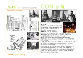 EDIFICIO CAPITOL (GRAN VÍA 41)




                                          •  931-33,
                                            1
                                          •  RQ. L. MARTINEZ FEDUCHI RUIZ- V. ECED
                                            A
                                          •  STILO: ART DECÓ- VANGUARDISTA
                                            E
                                          (INFILUENCIAS EXPRESIONISMO
                                          ALEMÁN: MENDELSOHN).
                                          H TOTAL= 54M (16 plantas)
                                          ENCARGO DEL MARQUÉS DE MELÍN D. ENRIQUE CARRIÓN.
                                          •  RIMER EDIFICO CON AIRE ACONDIDIONADO DE
                                            P
                                          MADRID (OCUPABA TODA UNA PLANTA)
                                          •  BICACIÓN EN UN POTENTE CHAFLÁN EN CURVA
                                            U
                                          CORRIGE VISUALMENTE LA PERSPECTIVA ASIMÉTRICA DE
                                          LA ESQUINA.
                                          •  STÁ REMATADO POR UNA TORRE DE CUATRO PISOS QUE
                                            E
                                          SE PROYECTÓ PENSANDO EN QUE FUERA SOPORTE DE
                                          ANUNCIOS LUMINOSOS (CAMEL, CIFESA, PARAMONT FILMS. SCHWEPPES)
                                          •  L TECHO DE LA SALA SE CUBRE SIN APOYOS MEDIANTE
                                            E
                                          VIGAS VIERENDELL DE 31(L) X 3( H)m QUE DURANTE
                                          ALGUNOS AÑOS TUVIERON EL RÉCORD MUNDIAL DE ESTE
                                 PLANOS   TIPO DE VIGA. UTILIZÓ TELAS IGNÍFUGAS EN EL INTERIOR
                                          DEL CINE (SALA PARA 1900p)
 