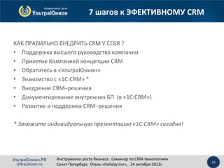 7 шагов к ЭФЕКТИВНОМУ CRM

КАК ПРАВИЛЬНО ВНЕДРИТЬ CRM У СЕБЯ ?
• Поддержка высшего руководства компании
• Принятие Компанией концепции CRM
• Обратитесь в «УльтраЮнион»
• Знакомство с «1С:CRM» *
• Внедрение CRM–решения
• Документирование внутренних БП (в «1С:CRM»)
• Развитие и поддержка CRM–решения
* Закажите индивидуальную презентацию «1C:CRM» сегодня!

УльтраЮнион.РФ
UltraUnion.ru

Инструменты роста бизнеса . Семинар по CRM-технологиям
Санкт-Петербург, Отель «Holiday Inn», 24 октября 2013г.

18

 