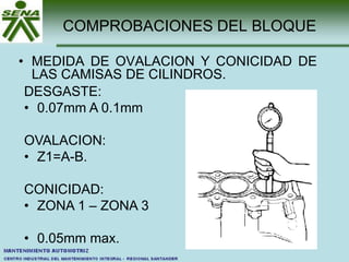 COMPROBACIONES DEL BLOQUE
• MEDIDA DE OVALACION Y CONICIDAD DE
LAS CAMISAS DE CILINDROS.
DESGASTE:
• 0.07mm A 0.1mm
OVALACION:
• Z1=A-B.
CONICIDAD:
• ZONA 1 – ZONA 3
• 0.05mm max.
 