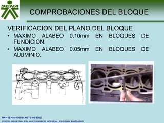COMPROBACIONES DEL BLOQUE
VERIFICACION DEL PLANO DEL BLOQUE
• MAXIMO ALABEO 0.10mm EN BLOQUES DE
FUNDICION.
• MAXIMO ALABEO 0.05mm EN BLOQUES DE
ALUMINIO.
 