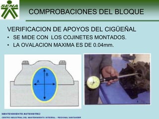 COMPROBACIONES DEL BLOQUE
VERIFICACION DE APOYOS DEL CIGÜEÑAL
• SE MIDE CON LOS COJINETES MONTADOS.
• LA OVALACION MAXIMA ES DE 0.04mm.
 