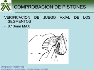 COMPROBACION DE PISTONES
VERIFICACION DE JUEGO AXIAL DE LOS
SEGMENTOS
• 0.13mm MAX
 