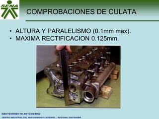 COMPROBACIONES DE CULATA
• ALTURA Y PARALELISMO (0.1mm max).
• MAXIMA RECTIFICACION 0.125mm.
 