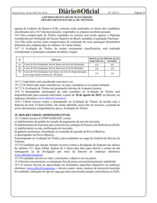 Página 32Sexta Feira, 24 de Abril de 2015 Nº 26521
GOVERNO DO ESTADO DE MATO GROSSO
DEPARTAMENTO ESTADUAL DE TRÂNSITO
apenas de Cadastro de Reserva (CR), somente serão analisados os títulos dos candidatos
classificados até a 10.ª (decima) posição, respeitados os empates na última posição.
14.5 Para comprovação de Títulos expedidos no exterior será aceito apenas o Diploma
reconhecido por Instituição de Ensino Superior no Brasil, atendida a Legislação Nacional.
14.6 Não serão aceitos como comprovantes de conclusão de curso quaisquer documentos
diferentes dos estabelecidos no subitem 14.2 deste Edital.
14.7 A Avaliação de Títulos, de caráter unicamente classificatória, será realizada
considerando a pontuação constante da tabela a seguir.
Nº TÍTULO
PONTUAÇÃO
POR TÍTULO
PONTUAÇÃO
MÁXIMA
01 Curso de Pós-Graduação Stricto Sensu em nível de Doutorado 4,0 4,0
02 Curso de Pós-Graduação Stricto Sensu em nível de Mestrado 2,0 2,0
03 Curso de Pós-Graduação Lato Sensu em nível de Especialização,
com carga horária mínima de 360 horas 1,0 1,0
14.7.1 Cada título será considerado uma única vez.
14.7.2 Os títulos não serão cumulativos, ou seja, considerar-se-á a maior titulação.
14.7.2 A Avaliação de Títulos terá pontuação máxima de 4 (quatro) pontos.
14.8 O desempenho (pontuação) de cada candidato na Avaliação de Títulos será
disponibilizado para consulta individual, a partir de 18 de agosto de 2015, na Internet, no
endereço eletrônico www.ufmt.br/concursos.
14.8.1 Caberá recurso contra o desempenho na Avaliação de Títulos, de acordo com o
disposto no item 15 deste Edital, não sendo admitida, nessa fase de recursos, a juntada de
novos documentos comprobatórios para a Avaliação de Títulos.
15. DOS RECURSOS ADMINISTRATIVOS
15.1 Caberá recurso à UFMT/SARI/GEC contra:
a) indeferimento de pedido de isenção do pagamento da taxa de inscrição;
b) indeferimento da inscrição para concorrer na condição de Pessoa com Deficiência (PcD);
c) indeferimento ou não confirmação de inscrição;
d) gabarito preliminar, formulação ou conteúdo de questão da Prova Objetiva;
e) desempenho na Prova Objetiva;
f) desempenho na Avaliação de Títulos, para candidatos ao cargo de Analista do Serviço de
Trânsito.
15.2 O candidato que desejar interpor recursos contra a divulgação do disposto nas alíneas
do subitem 15.1 deste Edital, disporá de 2 (dois) dias úteis para fazê-lo a contar do dia
subsequente ao da divulgação por meio da Internet no endereço eletrônico
www.ufmt.br/concursos.
15.3 O candidato deverá ser claro, consistente e objetivo em seu pleito.
15.4 Recurso inconsistente ou interposto fora do prazo será preliminarmente indeferido.
15.5 O recurso deverá ser apresentado em formulário específico disponível no endereço
eletrônico www.ufmt.br/concursos, e deverá conter: nome, número de protocolo/inscrição
do candidato, indicação do tipo de vaga que está concorrendo (ampla concorrência ou PcD).
 
