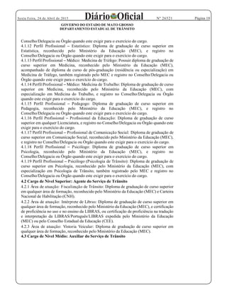 Página 18Sexta Feira, 24 de Abril de 2015 Nº 26521
GOVERNO DO ESTADO DE MATO GROSSO
DEPARTAMENTO ESTADUAL DE TRÂNSITO
Conselho/Delegacia ou Órgão quando este exigir para o exercício do cargo.
4.1.12 Perfil Profissional Estatístico: Diploma de graduação de curso superior em
Estatística, reconhecido pelo Ministério da Educação (MEC), e registro no
Conselho/Delegacia ou Órgão quando este exigir para o exercício do cargo.
4.1.13 Perfil Profissional Médico: Medicina de Tráfego: Possuir diploma de graduação de
curso superior em Medicina, reconhecido pelo Ministério da Educação (MEC),
acompanhado de diploma de curso de pós-graduação (residência ou especialização) em
Medicina de Tráfego, também registrado pelo MEC e registro no Conselho/Delegacia ou
Órgão quando este exigir para o exercício do cargo.
4.1.14 Perfil Profissional Médico: Medicina de Trabalho: Diploma de graduação de curso
superior em Medicina, reconhecido pelo Ministério da Educação (MEC), com
especialização em Medicina do Trabalho, e registro no Conselho/Delegacia ou Órgão
quando este exigir para o exercício do cargo.
4.1.15 Perfil Profissional Pedagogo: Diploma de graduação de curso superior em
Pedagogia, reconhecido pelo Ministério da Educação (MEC), e registro no
Conselho/Delegacia ou Órgão quando este exigir para o exercício do cargo.
4.1.16 Perfil Profissional Profissional da Educação: Diploma de graduação de curso
superior em qualquer Licenciatura, e registro no Conselho/Delegacia ou Órgão quando este
exigir para o exercício do cargo.
4.1.17 Perfil Profissional Profissional de Comunicação Social: Diploma de graduação de
curso superior em Comunicação Social, reconhecido pelo Ministério da Educação (MEC),
e registro no Conselho/Delegacia ou Órgão quando este exigir para o exercício do cargo.
4.1.18 Perfil Profissional Psicólogo: Diploma de graduação de curso superior em
Psicologia, reconhecido pelo Ministério da Educação (MEC), e registro no
Conselho/Delegacia ou Órgão quando este exigir para o exercício do cargo.
4.1.19 Perfil Profissional Psicólogo (Psicologia de Trânsito): Diploma de graduação de
curso superior em Psicologia, reconhecido pelo Ministério da Educação (MEC), com
especialização em Psicologia de Trânsito, também registrado pelo MEC e registro no
Conselho/Delegacia ou Órgão quando este exigir para o exercício do cargo.
4.2 Cargo de Nível Superior: Agente do Serviço de Trânsito
4.2.1 Área de atuação: Fiscalização de Trânsito: Diploma de graduação de curso superior
em qualquer área de formação, reconhecido pelo Ministério da Educação (MEC) e Carteira
Nacional de Habilitação (CNH).
4.2.2 Área de atuação: Intérprete de Libras: Diploma de graduação de curso superior em
qualquer área de formação, reconhecido pelo Ministério da Educação (MEC), e certificação
de proficiência no uso e no ensino da LIBRAS, ou certificação de proficiência na tradução
e interpretação da LIBRAS/Português/LIBRAS expedida pelo Ministério da Educação
(MEC) ou pelo Conselho Estadual da Educação (CEE).
4.2.3 Área de atuação: Vistoria Veicular: Diploma de graduação de curso superior em
qualquer área de formação, reconhecido pelo Ministério da Educação (MEC).
4.3 Cargo de Nível Médio: Auxiliar do Serviço de Trânsito
 
