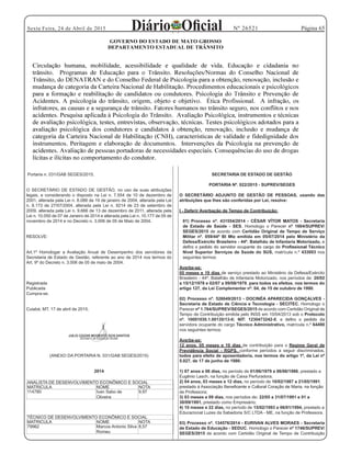 Página 65Sexta Feira, 24 de Abril de 2015 Nº 26521
Portaria n. 031/GAB SEGES/2015.
O SECRETÁRIO DE ESTADO DE GESTÃO, no uso de suas atribuições
legais, e considerando o disposto na Lei n. 7.554 de 10 de dezembro de
2001, alterada pela Lei n. 8.088 de 19 de janeiro de 2004, alterada pela Lei
n. 8.173 de 27/07/2004, alterada pela Lei n. 9214 de 23 de setembro de
2009, alterada pela Lei n. 9.666 de 13 de dezembro de 2011, alterada pela
Lei n. 10.050 de 07 de Janeiro de 2014 e alterada pela Lei n. 10.177 de 05 de
novembro de 2014 e no Decreto n. 3.006 de 05 de Maio de 2004.
RESOLVE:
Art.1º Homologar a Avaliação Anual de Desempenho dos servidores da
Secretaria de Estado de Gestão, referente ao ano de 2014 nos termos do
Art. 9º do Decreto n. 3.006 de 05 de maio de 2004.
Registrada
Publicada
Cumpra-se.
Cuiabá, MT, 17 de abril de 2015.
(ANEXO DA PORTARIA N. 031/GAB SEGES/2015)
2014
ANALISTA DE DESENVOLVIMENTO ECONÔMICO E SOCIAL
MATRICULA NOME NOTA
114780 Ivan Sabo de
Oliveira
9,97
TÉCNICO DE DESENVOLVIMENTO ECONÔMICO E SOCIAL
MATRICULA NOME NOTA
79962 Marcos Antonio Silva
Romeu
8,57
SECRETARIA DE ESTADO DE GESTÂO
PORTARIA Nº. 022/2015 - SUPREV/SEGES
O SECRETÁRIO ADJUNTO DE GESTÃO DE PESSOAS, usando das
atribuições que lhes são conferidas por Lei, resolve:
I - Deferir Averbação de Tempo de Contribuição:
01) Processo nº. 431554/2014 - CÉSAR VÍTOR MATOS - Secretaria
de Estado de Saúde - SES. Homologo o Parecer nº 1664/SUPREV/
SEGES/2015 de acordo com Certidão Original de Tempo de Serviço
Militar nº. 059/44º BI Mtz emitida em 05/07/2014 pelo Ministério da
Defesa/Exército Brasileiro - 44º. Batalhão de Infantaria Motorizado, e
Nível Superior Serviços de Saúde do SUS, matrícula n.º 433003 nos
seguintes termos:
Averbe-se:
05 meses e 19 dias de serviço prestado ao Ministério da Defesa/Exército
Brasileiro - 44º. Batalhão de Infantaria Motorizado, nos períodos de: 20/02
a 15/12/1978 e 02/07 a 09/08/1979, para todos os efeitos, nos termos do
artigo 127, da Lei Complementar nº. 04, de 15 de outubro de 1990.
02) Processo nº. 526049/2013 - DOCINÉA APARECIDA GONÇALVES -
Secretaria de Estado de Ciência e Tecnologia - SECITEC. Homologo o
Parecer nº 1.764/SUPREV/SEGES/2015 de acordo com Certidão Original de
Tempo de Contribuição emitida pelo INSS em 10/04/2013 sob o Protocolo
nº. 10001030.1.00135/13-0; NIT: 1230473242-0
servidora ocupante do cargo Técnico Administrativo, matrícula n.º 64490
nos seguintes termos:
Averbe-se:
12 anos, 05 meses e 19 dias de contribuição para o Regime Geral de
Previdência Social - RGPS, conforme períodos a seguir discriminados,
todos para efeito de aposentadoria, nos termos do artigo 1º, da Lei nº
5.027, de 17 de junho de 1986:
1) 07 anos e 06 dias, no período de 01/06/1979 a 06/06/1986, prestado a
Eugênio Lasch, na função de Caixa Perfuradora;
2) 04 anos, 03 meses e 12 dias, no período de 10/02/1987 a 21/05/1991,
de Professora;
3) 03 meses e 09 dias, nos períodos de: 22/05 a 31/07/1991 e 01 a
30/09/1991, prestado como Empresário;
4) 10 meses e 22 dias, no período de 15/02/1993 a 06/01/1994, prestado a
Educacional Luzes da Sabedoria S/C LTDA - ME, na função de Professora.
03) Processo nº. 134576/2014 - EURIVAN ALVES MORAES - Secretaria
de Estado de Educação - SEDUC. Homologo o Parecer nº 1746/SUPREV/
SEGES/2015 de acordo com Certidão Original de Tempo de Contribuição
 