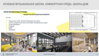 Заголовок слайда
8
Краевая музыкальная школа
3-4 этаж
► Большой зал на 400 зрителей, 90 музыкантов на сцене
► 2 малых универсальных зала на 50 человек, 30 музыкантов на сцене
► Студия звукозаписи
► Гардероб
► Буфет
► Гримерные
КРАЕВАЯ МУЗЫКАЛЬНАЯ ШКОЛА. КОМФОРТНАЯ СРЕДА. ШКОЛА-ДОМ
МИНИСТЕРСТВО КУЛЬТУРЫ
ПЕРМСКОГО КРАЯ
«РЕПЕТИРУЕМ И ВЫСТУПАЕМ»
КОНЦЕРТНО-РЕПЕТИЦИОННЫЙ КОМПЛЕКС
 